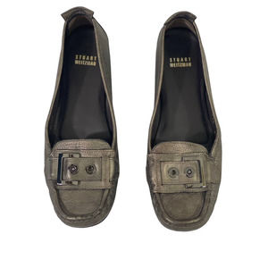 Stuart Weitzman Zwick Moccasin Loafer Flat Shoes Pewter Gray Shimmer Buckle 8.5M